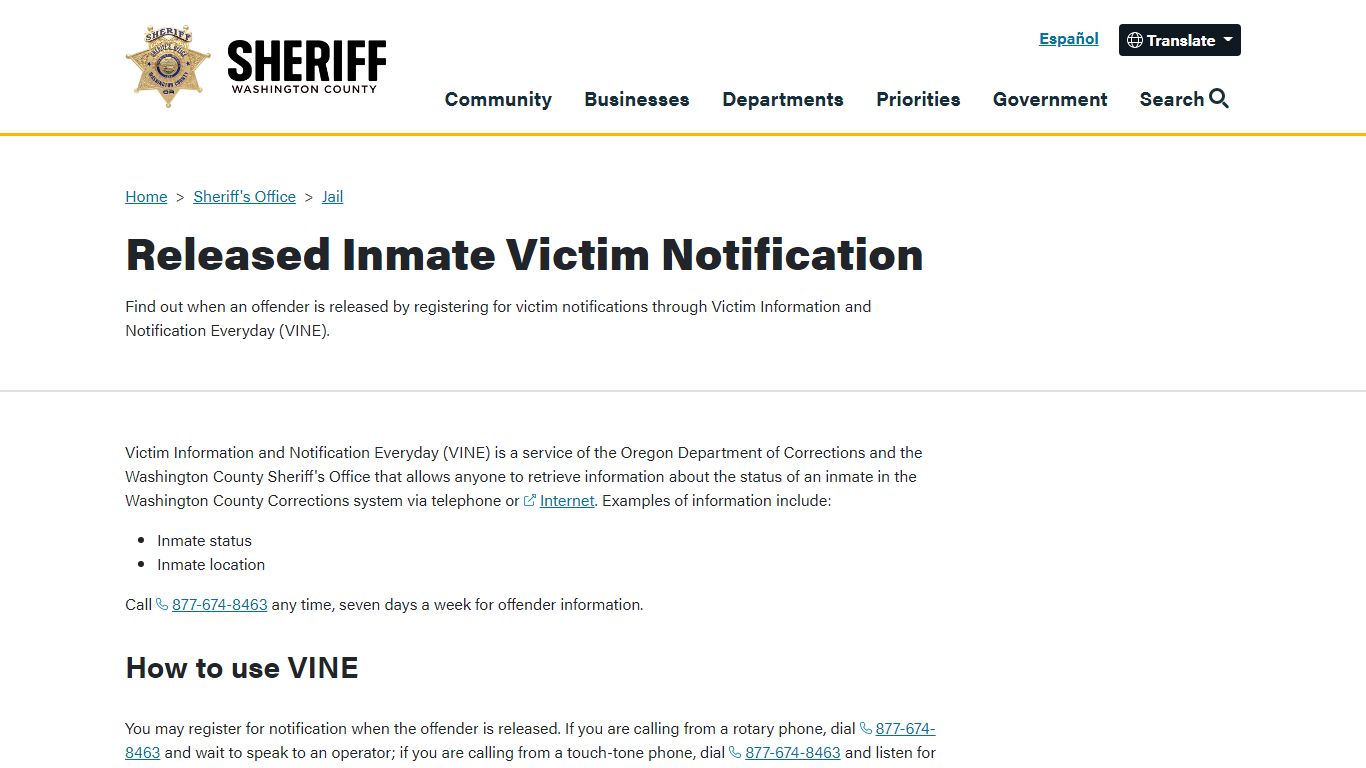 Released Inmate Victim Notification | Washington County, OR